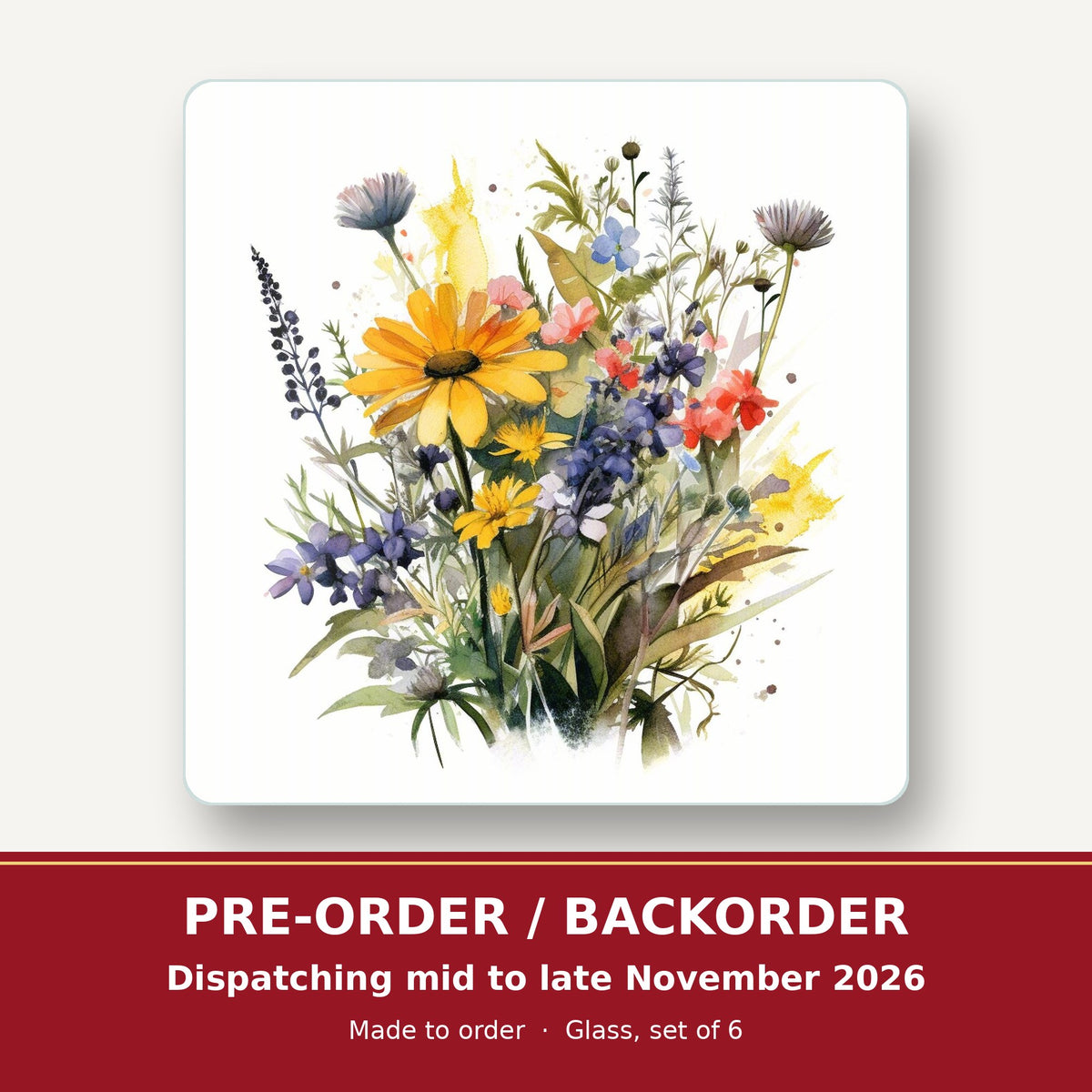 Yellow & Blue Meadow Bouquet square glass coaster set of 6 – pre-order / backorder, dispatching mid to late November 2026