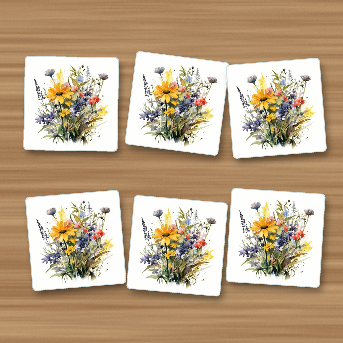 Yellow & Blue Meadow Bouquet square glass coasters, set of 6, on an oak coffee table