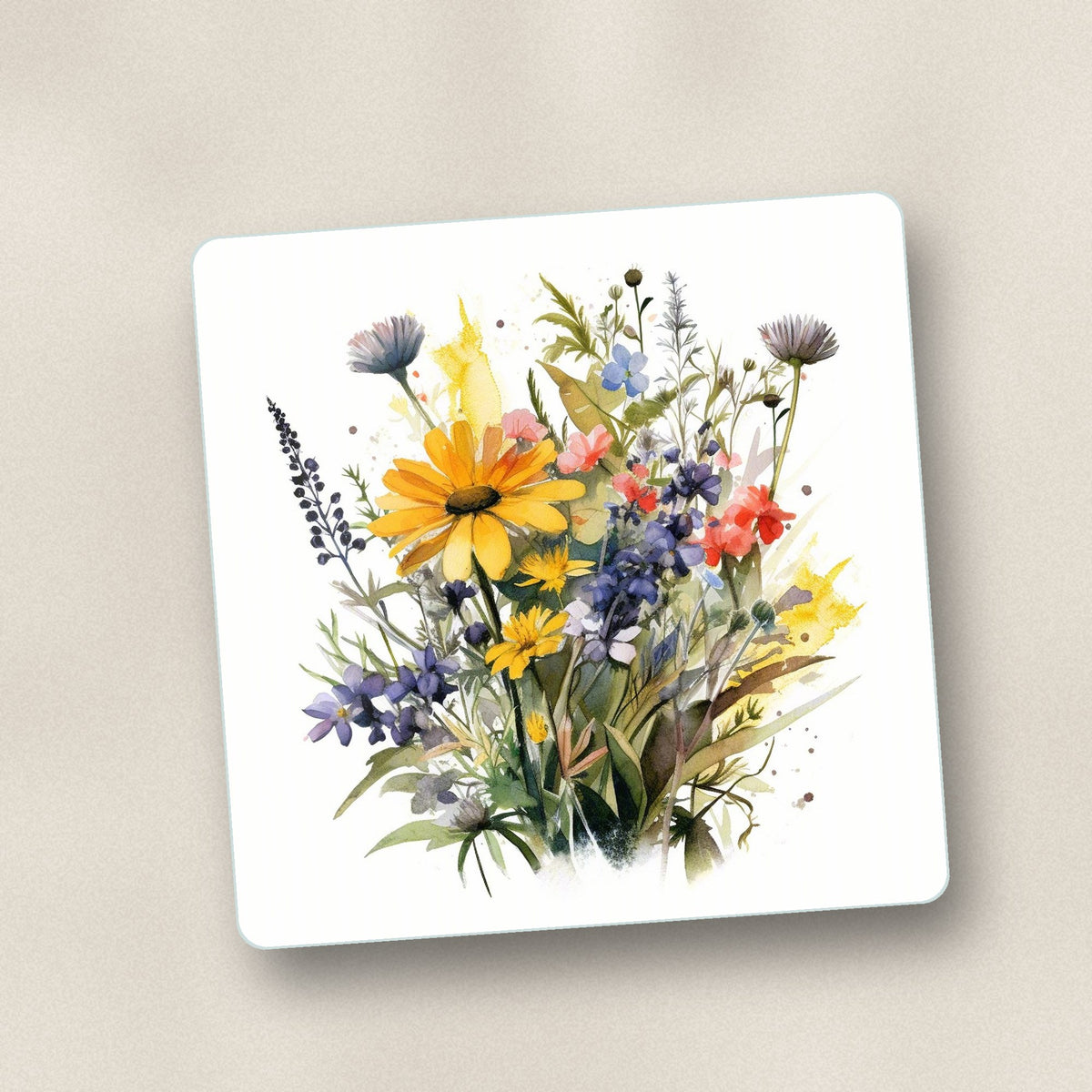 Close-up of one yellow & blue meadow bouquet square glass coaster, flat UV print