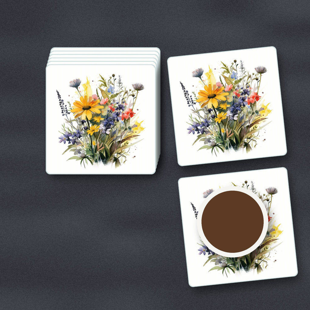 Yellow & Blue Meadow Bouquet square glass coasters stacked on a slate kitchen worktop