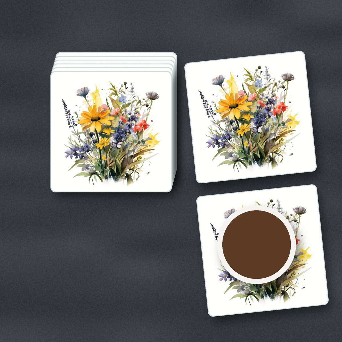 Yellow & Blue Meadow Bouquet square glass coasters stacked on a slate kitchen worktop