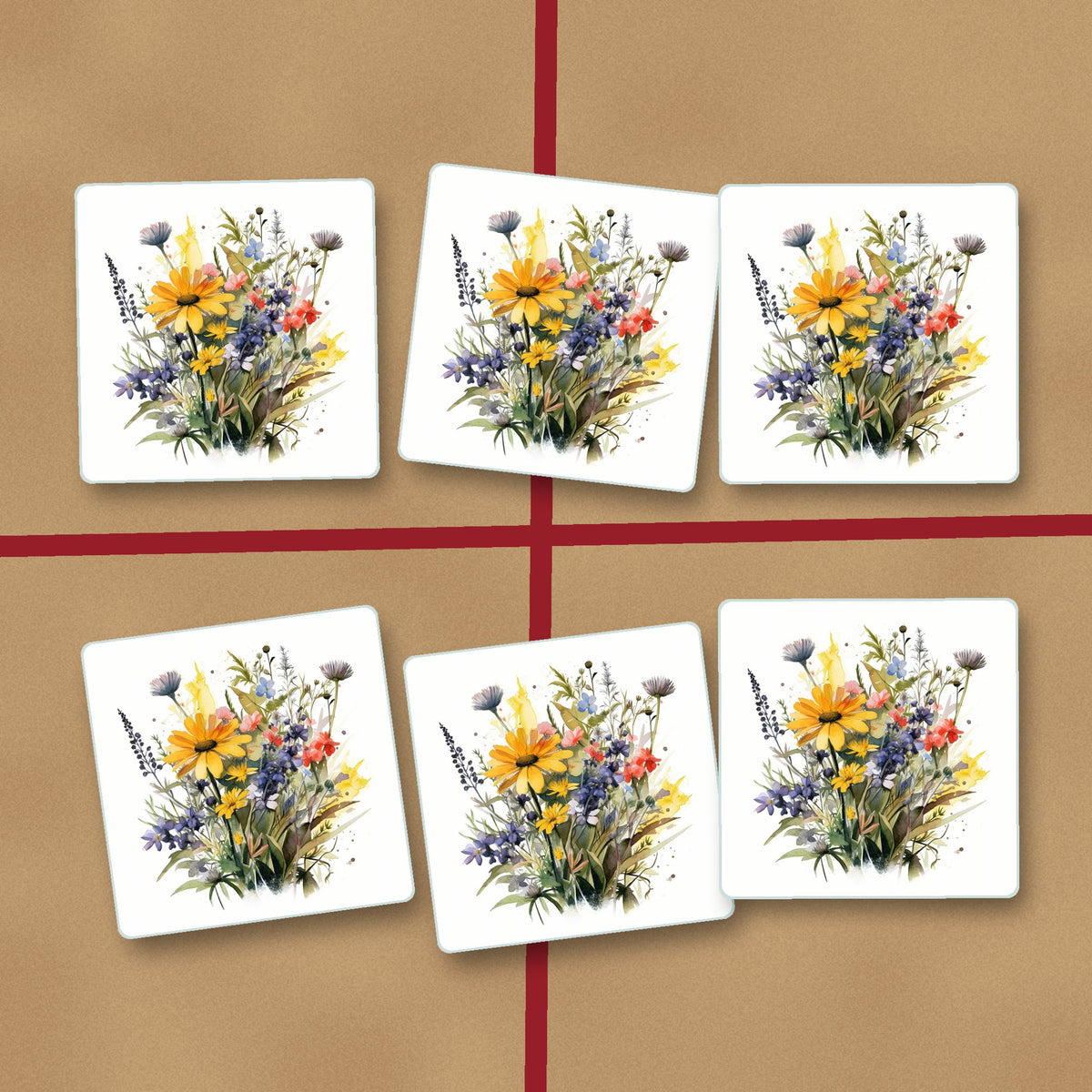 Yellow & Blue Meadow Bouquet square glass coasters on kraft gift wrap