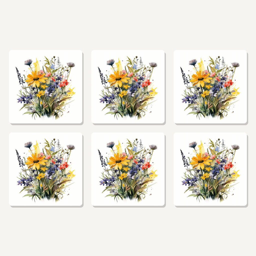 Flat lay of the yellow & blue meadow bouquet artwork on six square coasters
