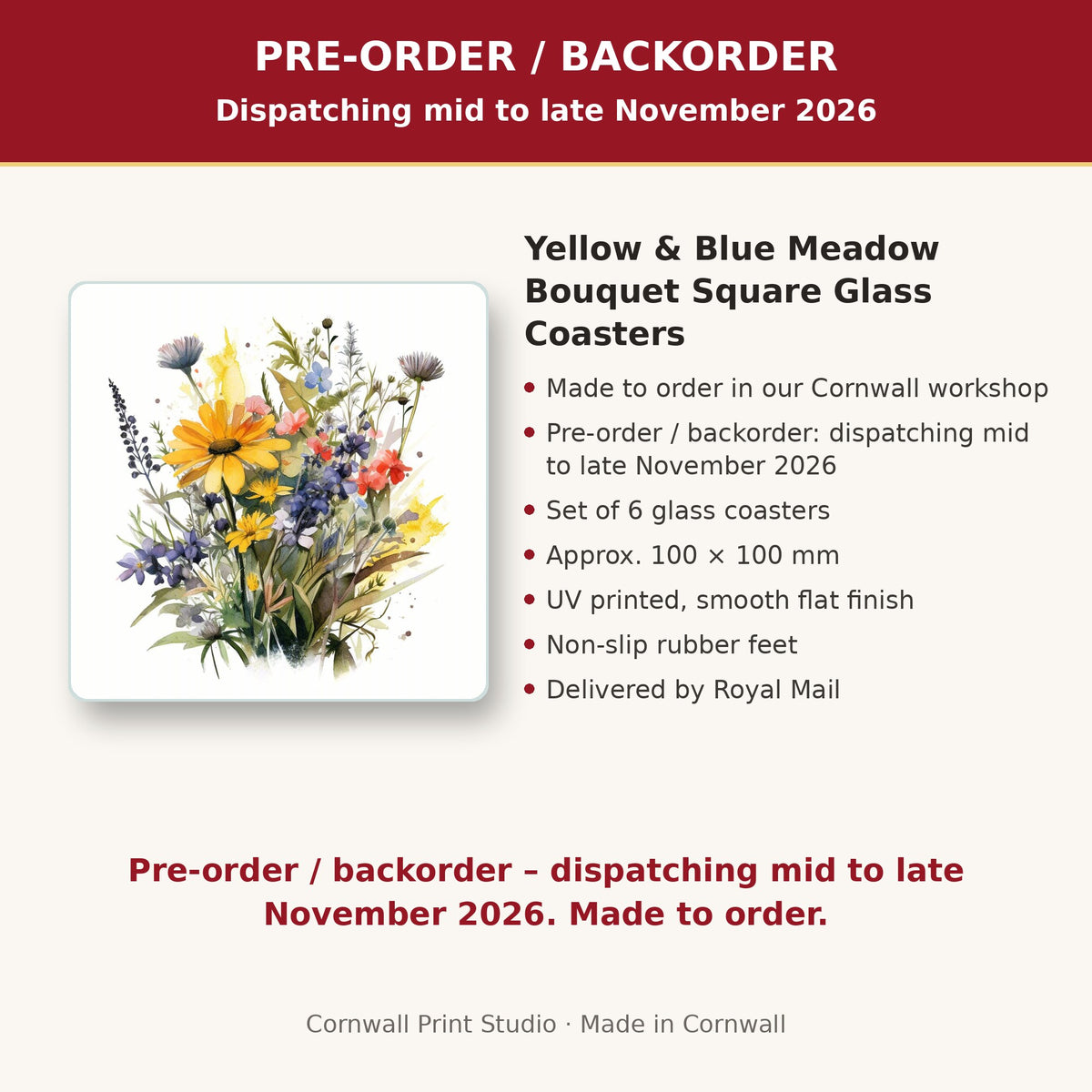 Info card: Yellow & Blue Meadow Bouquet Square Glass Coasters – Set of 6, made to order, dispatching mid to late November 2026, delivered by Royal Mail
