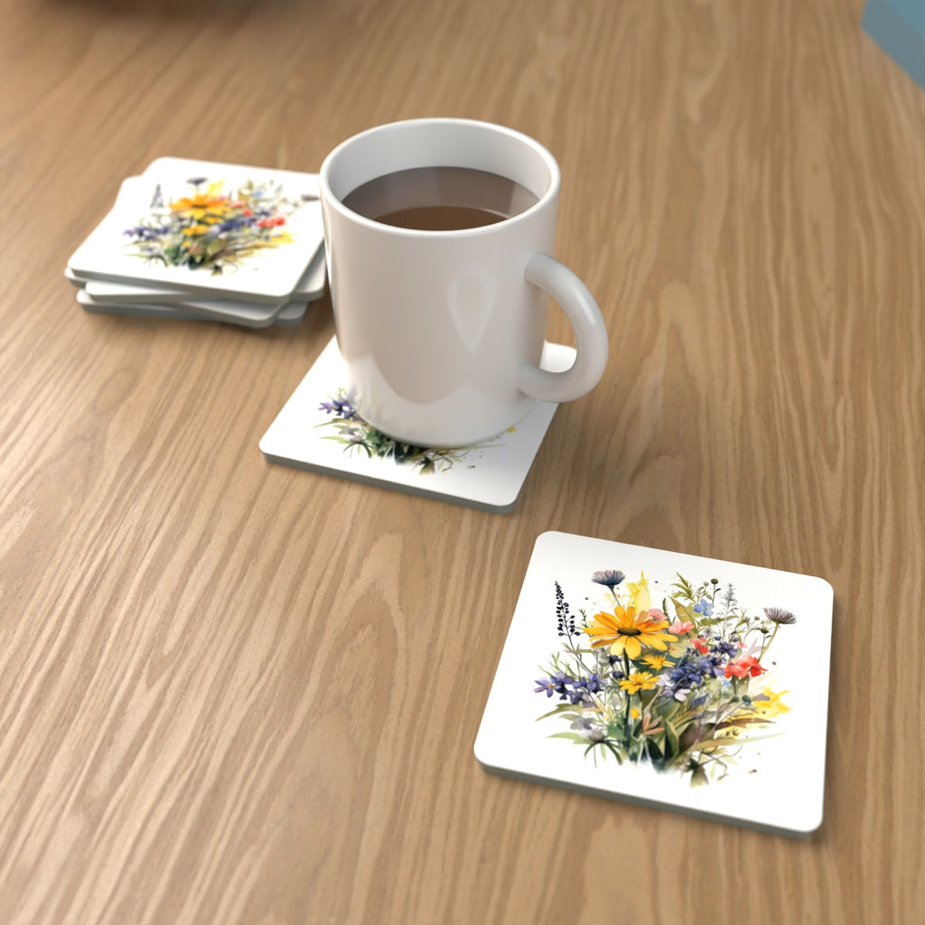 Yellow & Blue Meadow Bouquet Square Glass Coasters – Set of 6 – lifestyle mockup with a mug of coffee