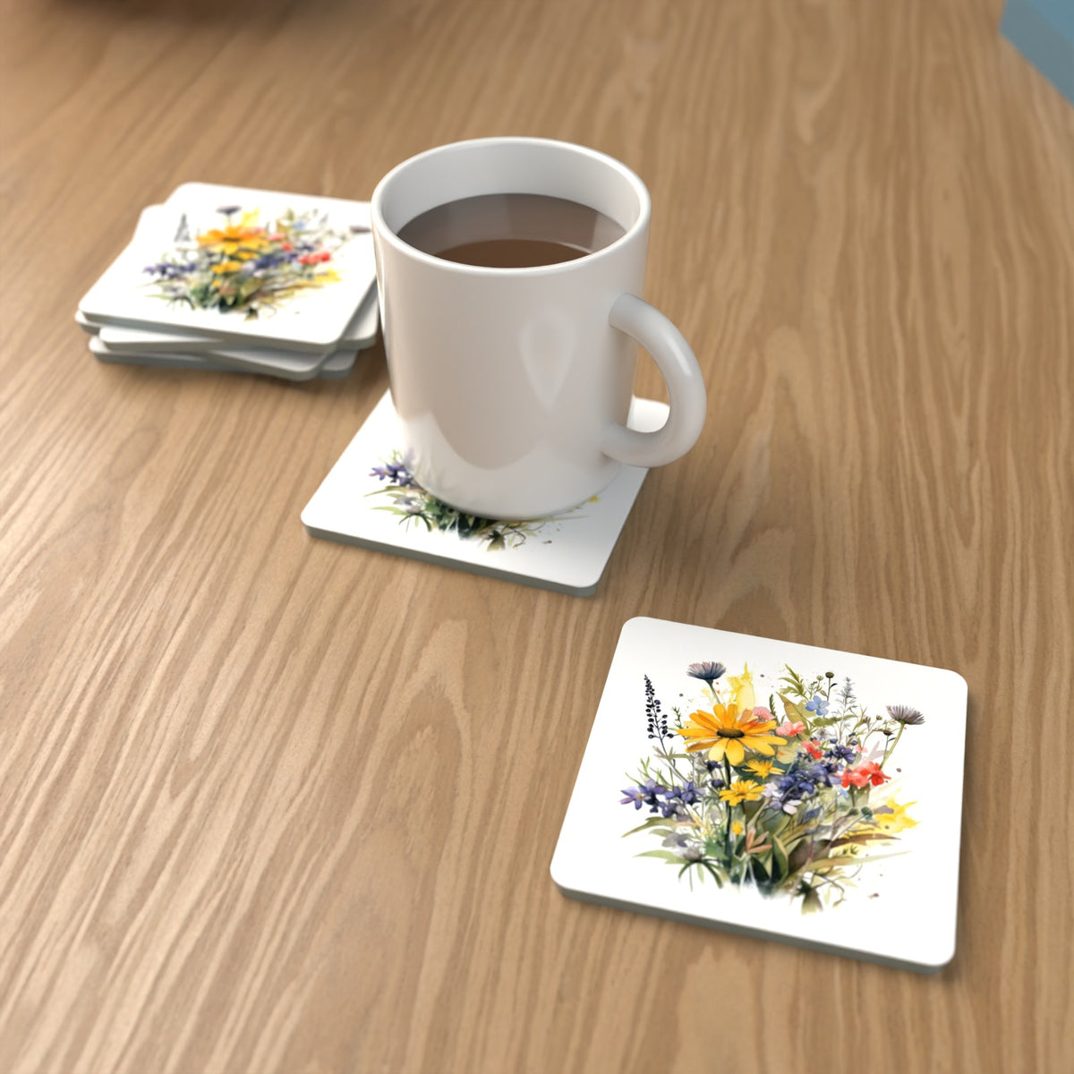 Yellow & Blue Meadow Bouquet Square Glass Coasters – Set of 6 – lifestyle mockup with a mug of coffee
