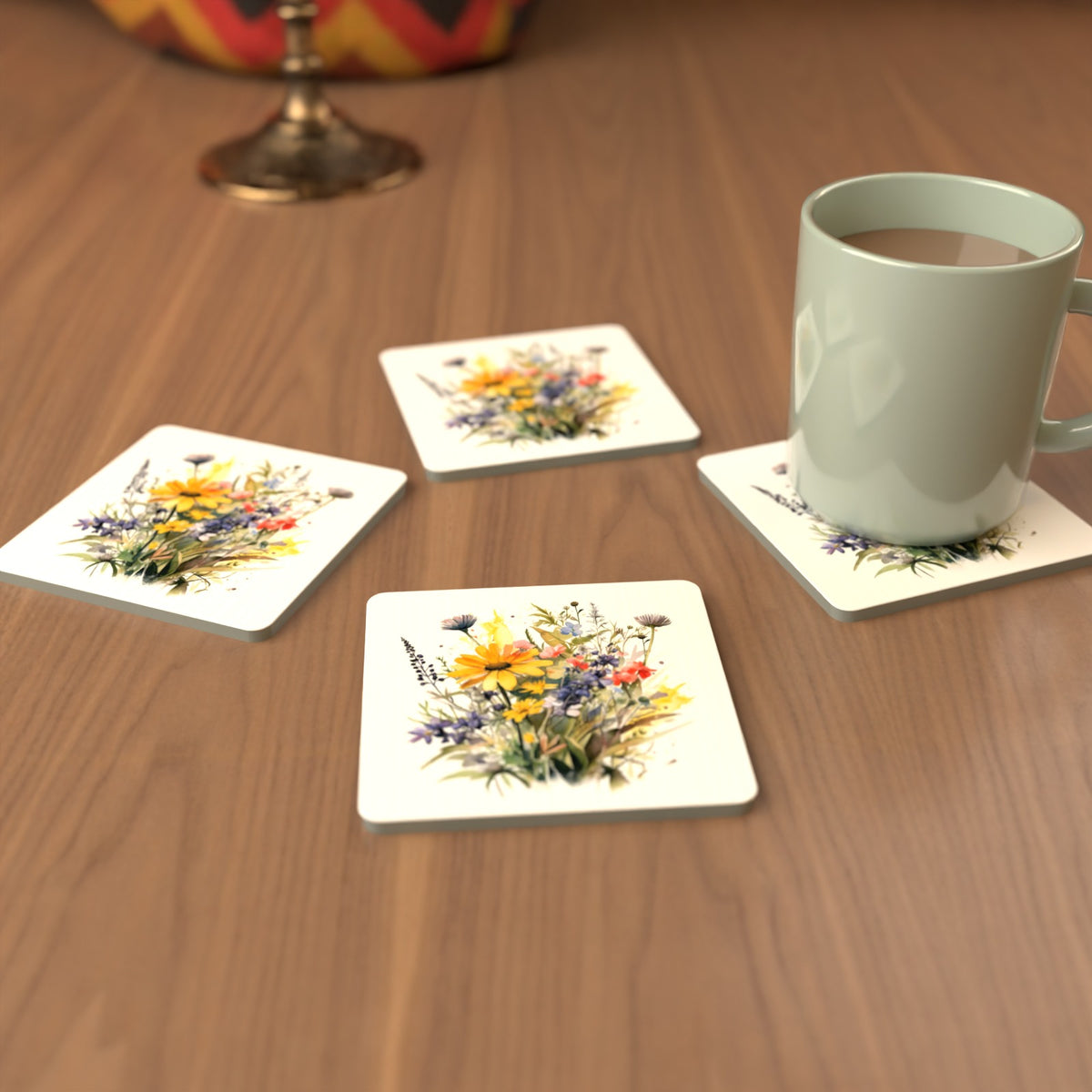 Yellow & Blue Meadow Bouquet Square Glass Coasters – Set of 6 – cosy lifestyle mockup