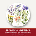 Delicate Purple & Peach Wildflowers round ceramic coaster set of 6 – pre-order / backorder, dispatching mid to late November 2026