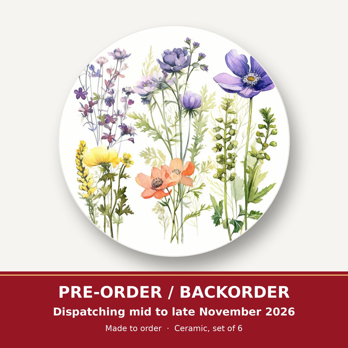 Delicate Purple & Peach Wildflowers round ceramic coaster set of 6 – pre-order / backorder, dispatching mid to late November 2026