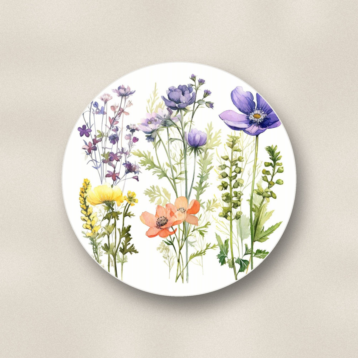 Close-up of one delicate purple & peach wildflowers round ceramic coaster, flat UV print