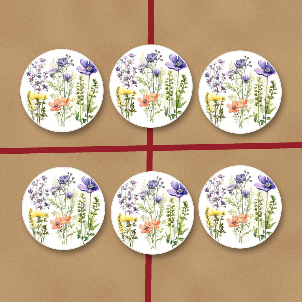 Delicate Purple & Peach Wildflowers round ceramic coasters on kraft gift wrap