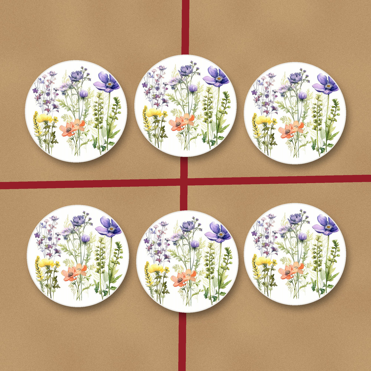 Delicate Purple & Peach Wildflowers round ceramic coasters on kraft gift wrap