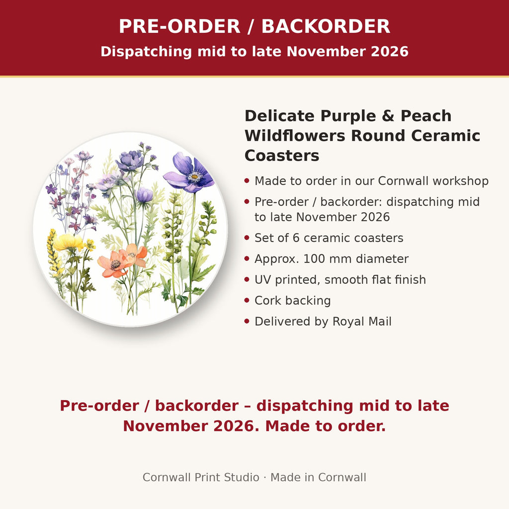 Info card: Delicate Purple & Peach Wildflowers Round Ceramic Coasters – Set of 6, made to order, dispatching mid to late November 2026, delivered by Royal Mail