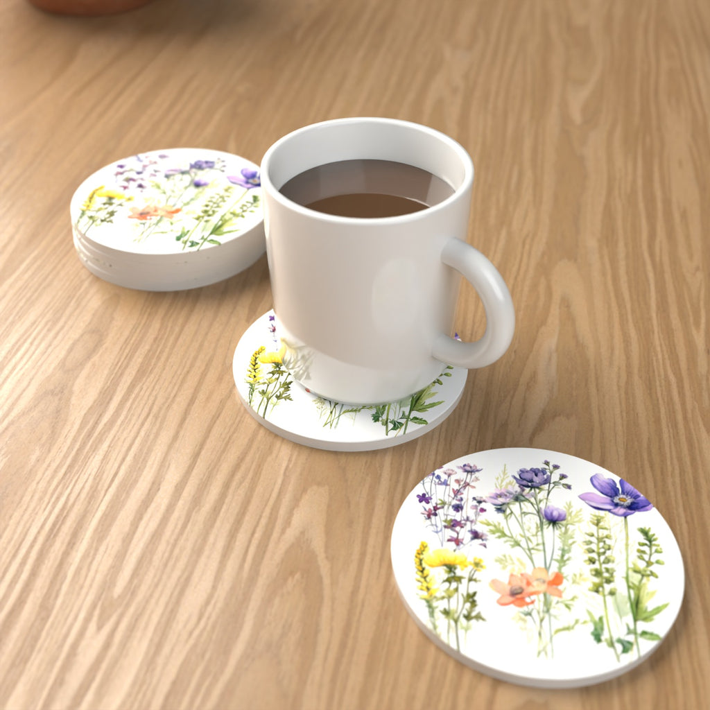 Delicate Purple & Peach Wildflowers Round Ceramic Coasters – Set of 6 – lifestyle mockup with a mug of coffee