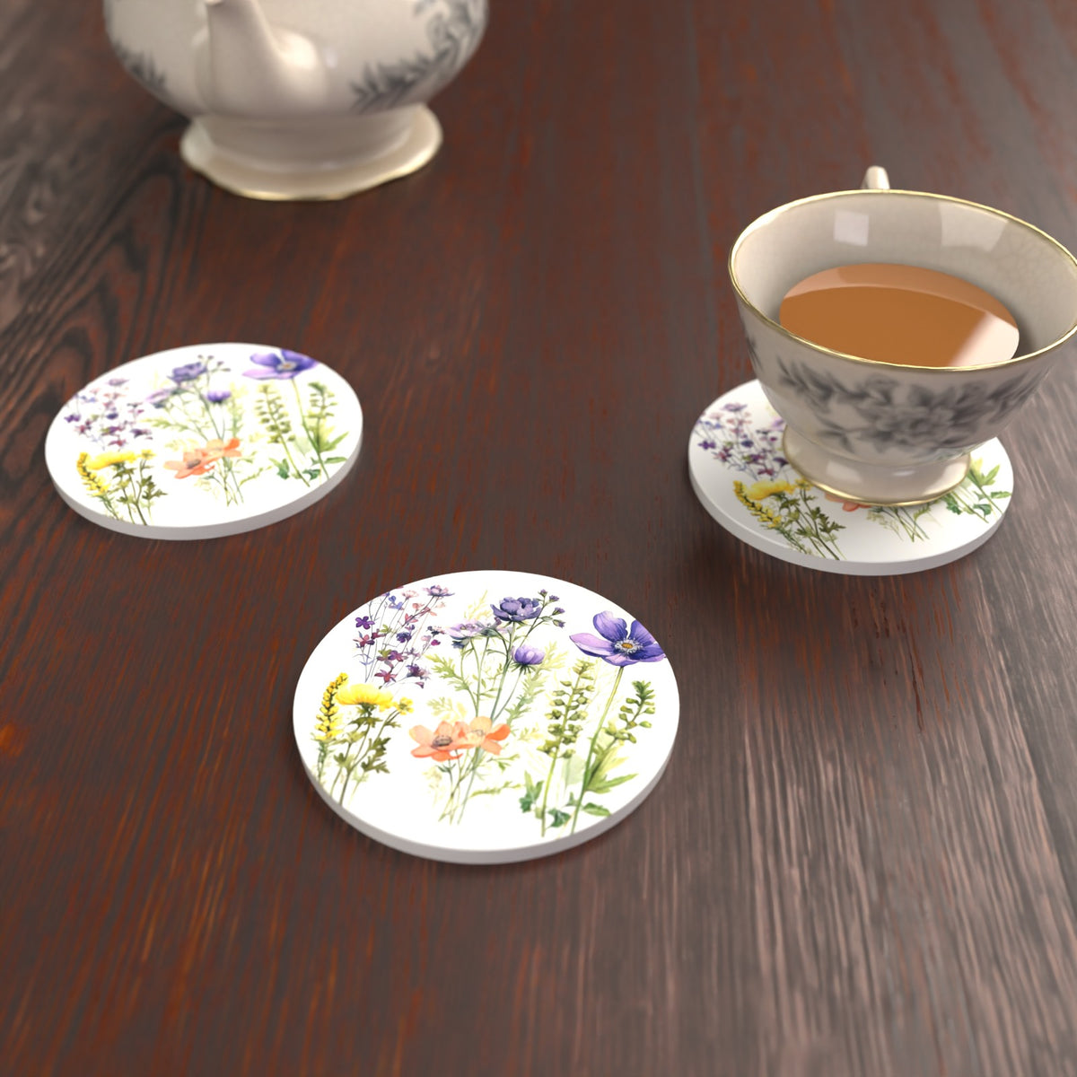 Delicate Purple & Peach Wildflowers Round Ceramic Coasters – Set of 6 – lifestyle mockup with a teacup