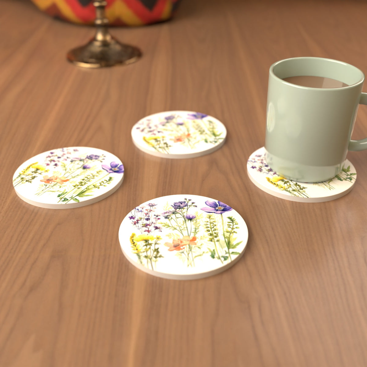 Delicate Purple & Peach Wildflowers Round Ceramic Coasters – Set of 6 – cosy lifestyle mockup