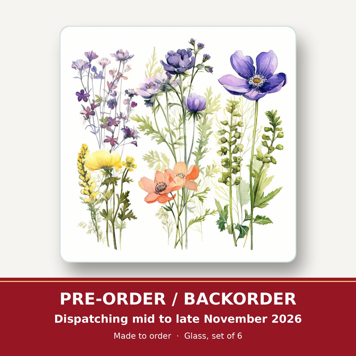 Delicate Purple & Peach Wildflowers square glass coaster set of 6 – pre-order / backorder, dispatching mid to late November 2026
