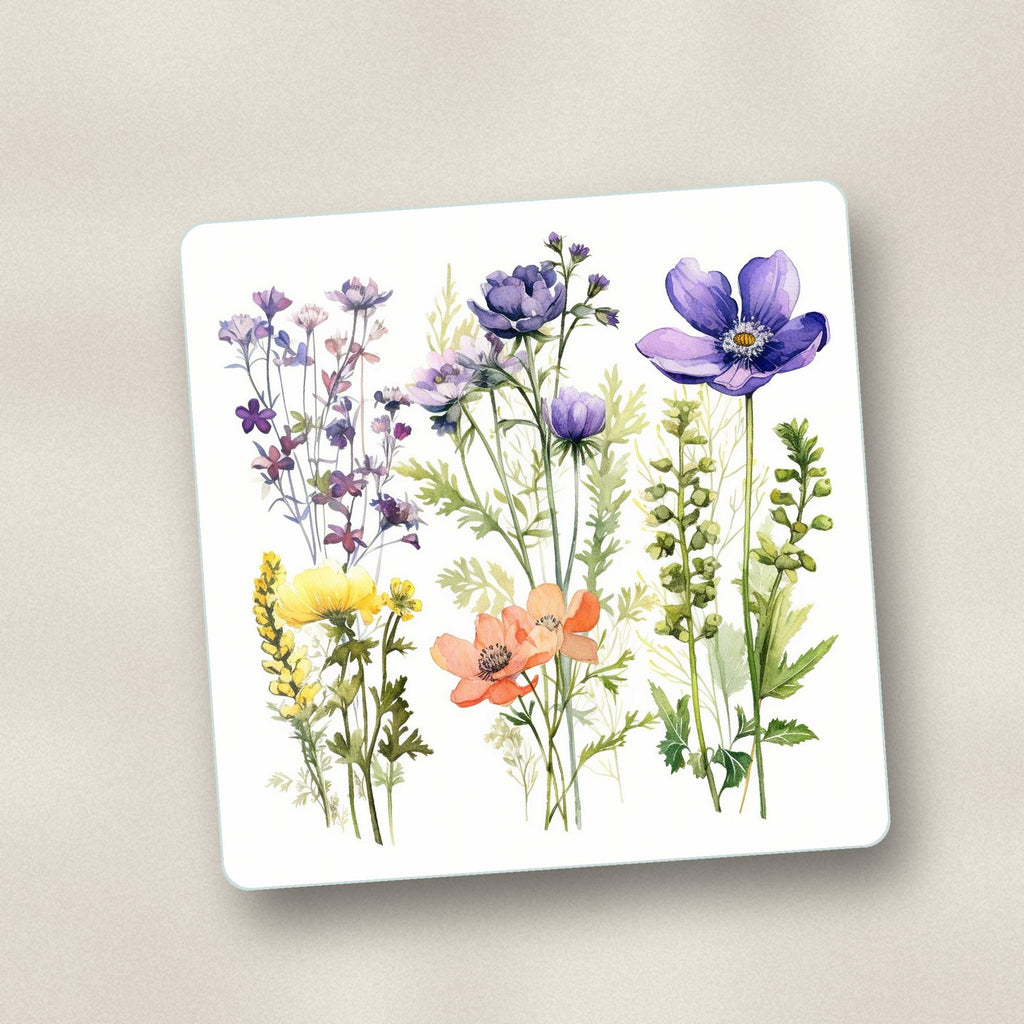 Close-up of one delicate purple & peach wildflowers square glass coaster, flat UV print