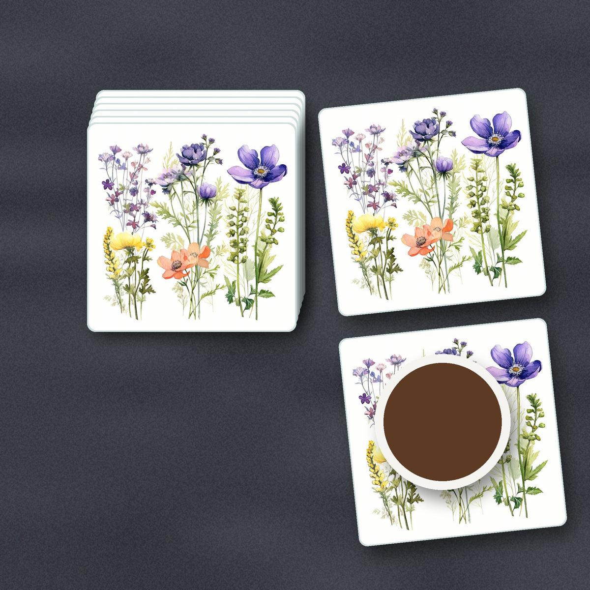 Delicate Purple & Peach Wildflowers square glass coasters stacked on a slate kitchen worktop