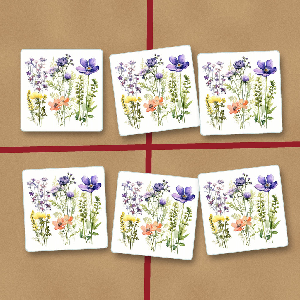 Delicate Purple & Peach Wildflowers square glass coasters on kraft gift wrap