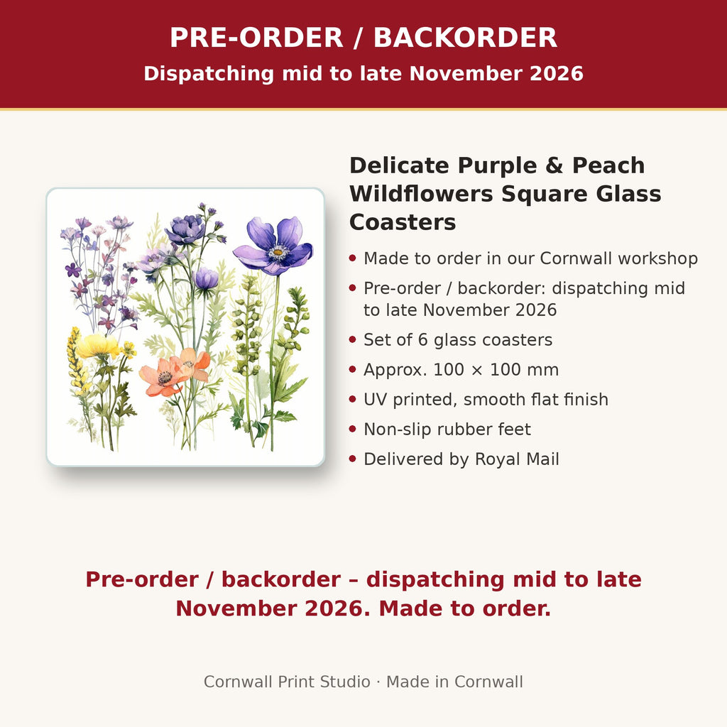 Info card: Delicate Purple & Peach Wildflowers Square Glass Coasters – Set of 6, made to order, dispatching mid to late November 2026, delivered by Royal Mail