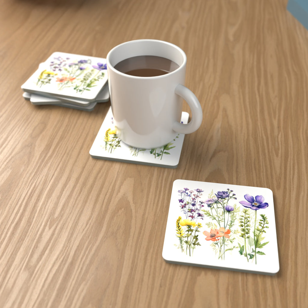 Delicate Purple & Peach Wildflowers Square Glass Coasters – Set of 6 – lifestyle mockup with a mug of coffee