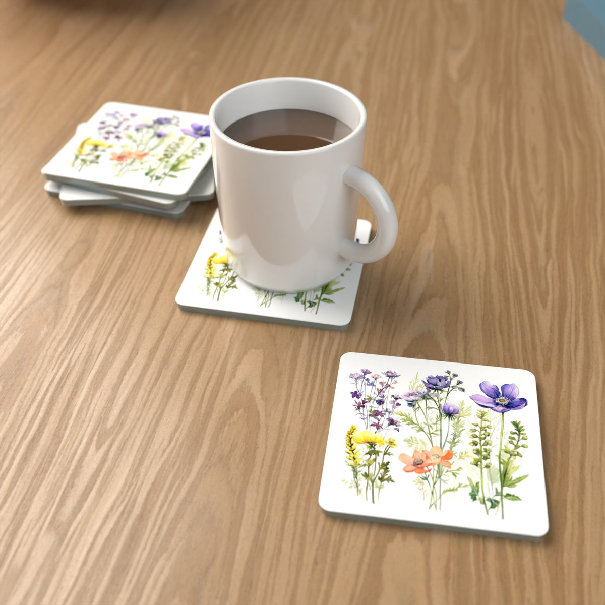 Delicate Purple & Peach Wildflowers Square Glass Coasters – Set of 6 – lifestyle mockup with a mug of coffee