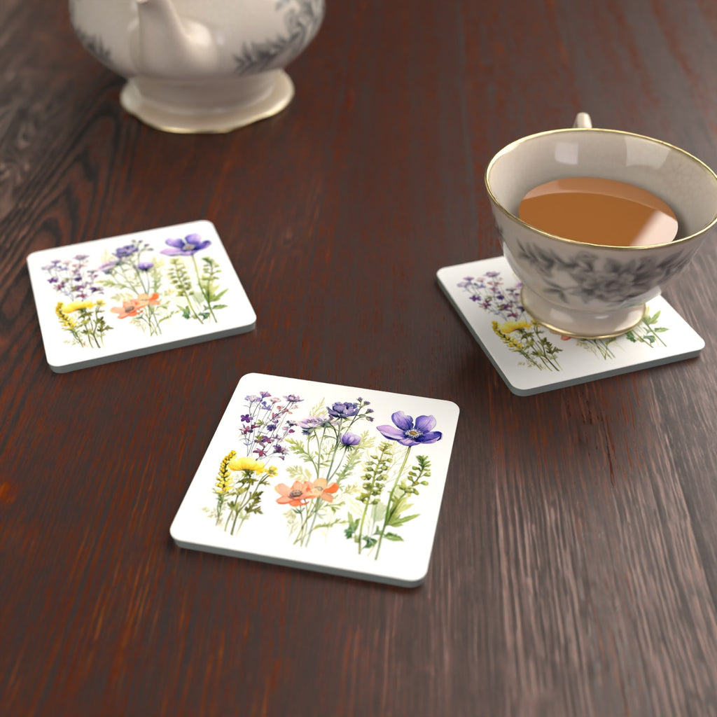 Delicate Purple & Peach Wildflowers Square Glass Coasters – Set of 6 – lifestyle mockup with a teacup