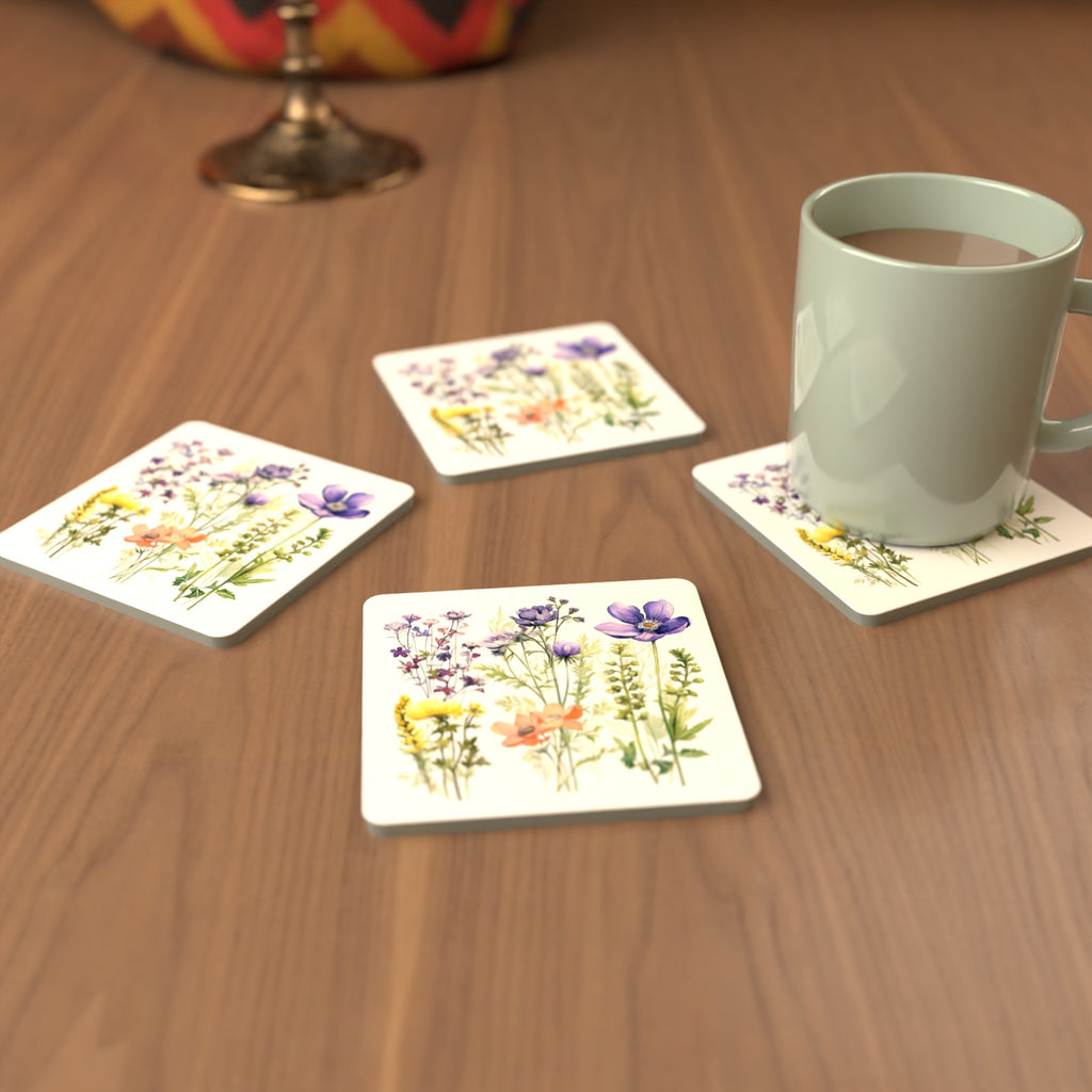 Delicate Purple & Peach Wildflowers Square Glass Coasters – Set of 6 – cosy lifestyle mockup