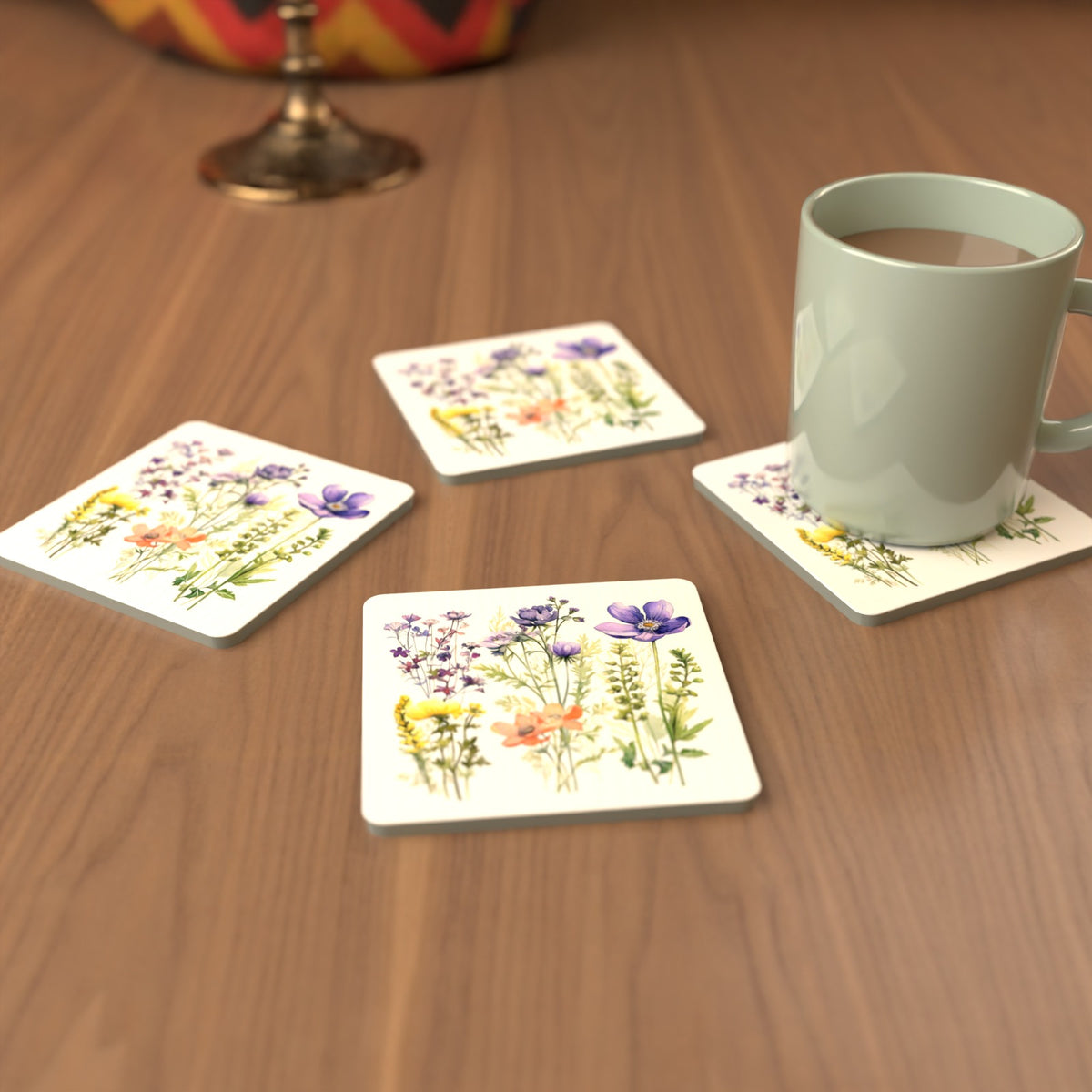 Delicate Purple & Peach Wildflowers Square Glass Coasters – Set of 6 – cosy lifestyle mockup