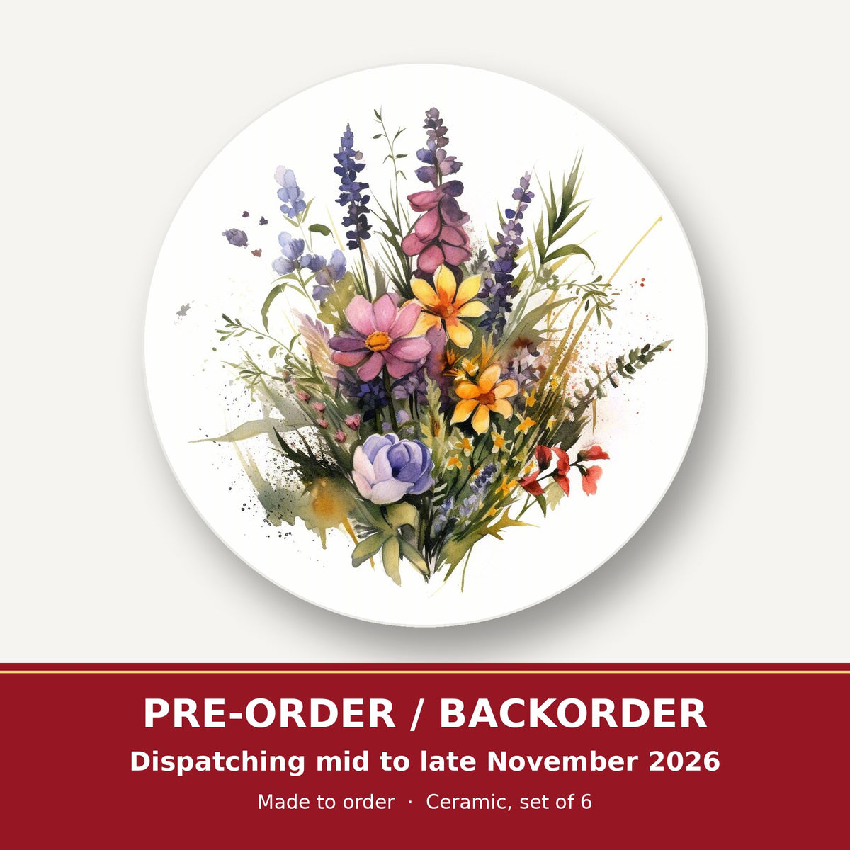 Pink & Purple Watercolour Wildflowers round ceramic coaster set of 6 – pre-order / backorder, dispatching mid to late November 2026