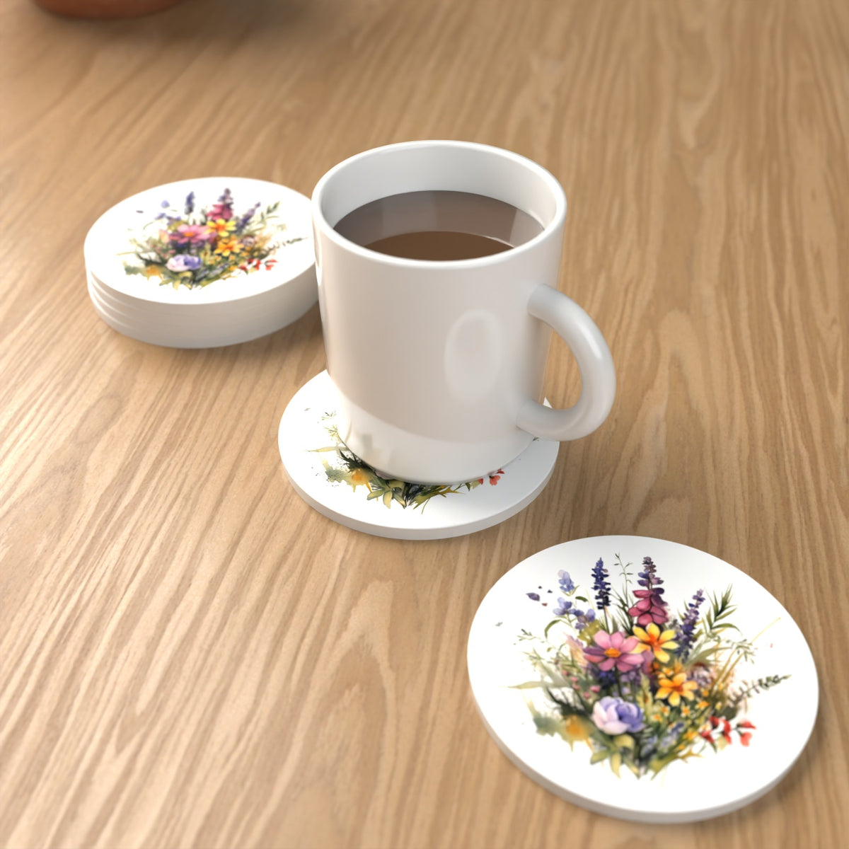 Pink & Purple Watercolour Wildflowers Round Ceramic Coasters – Set of 6 – lifestyle mockup with a mug of coffee