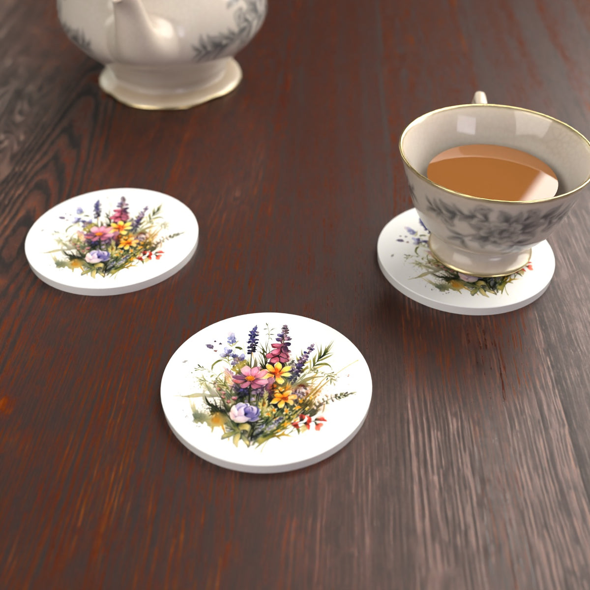 Pink & Purple Watercolour Wildflowers Round Ceramic Coasters – Set of 6 – lifestyle mockup with a teacup