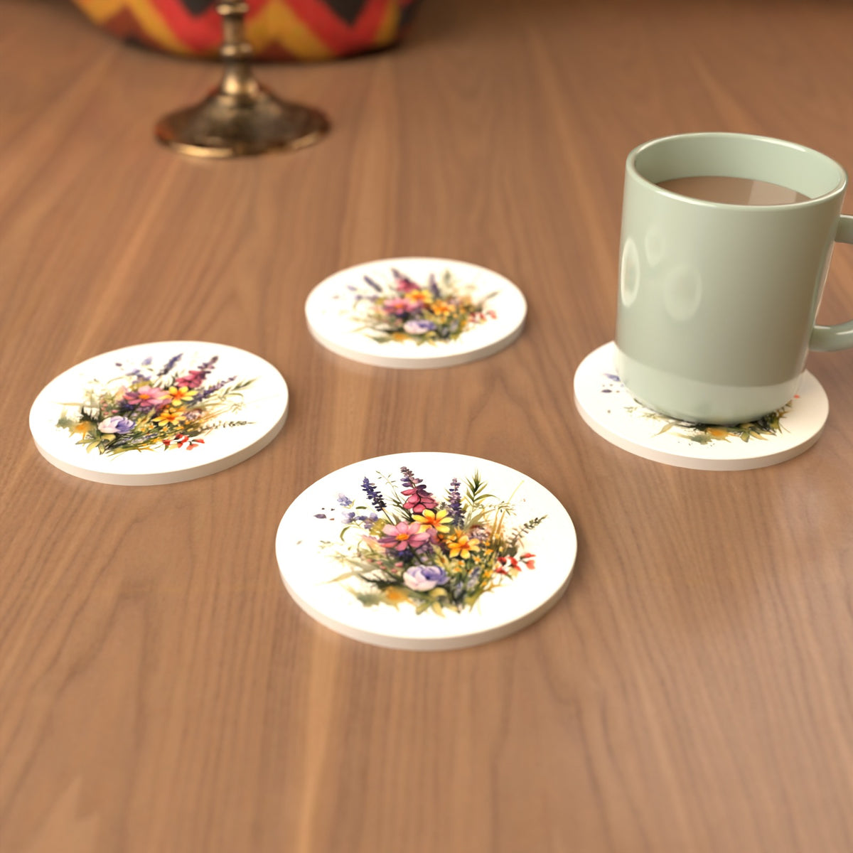 Pink & Purple Watercolour Wildflowers Round Ceramic Coasters – Set of 6 – cosy lifestyle mockup