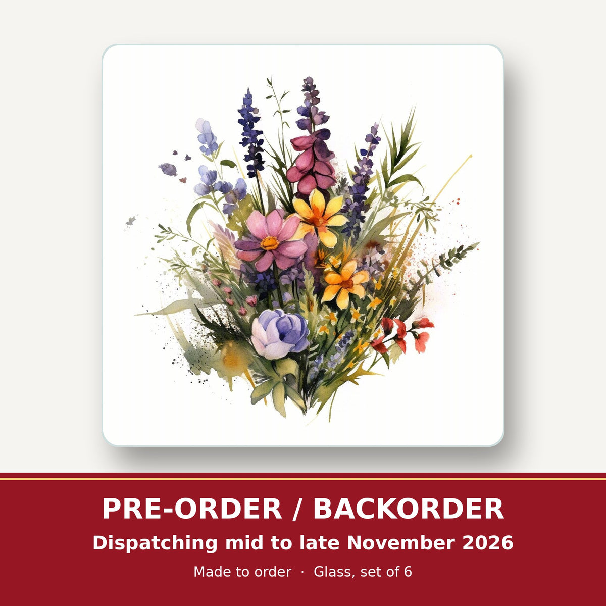 Pink & Purple Watercolour Wildflowers square glass coaster set of 6 – pre-order / backorder, dispatching mid to late November 2026