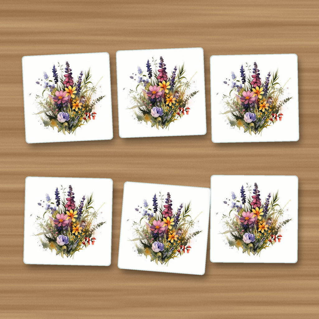 Pink & Purple Watercolour Wildflowers square glass coasters, set of 6, on an oak coffee table