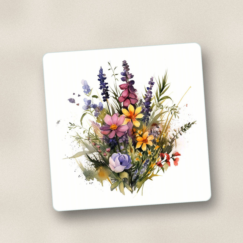 Close-up of one pink & purple watercolour wildflowers square glass coaster, flat UV print
