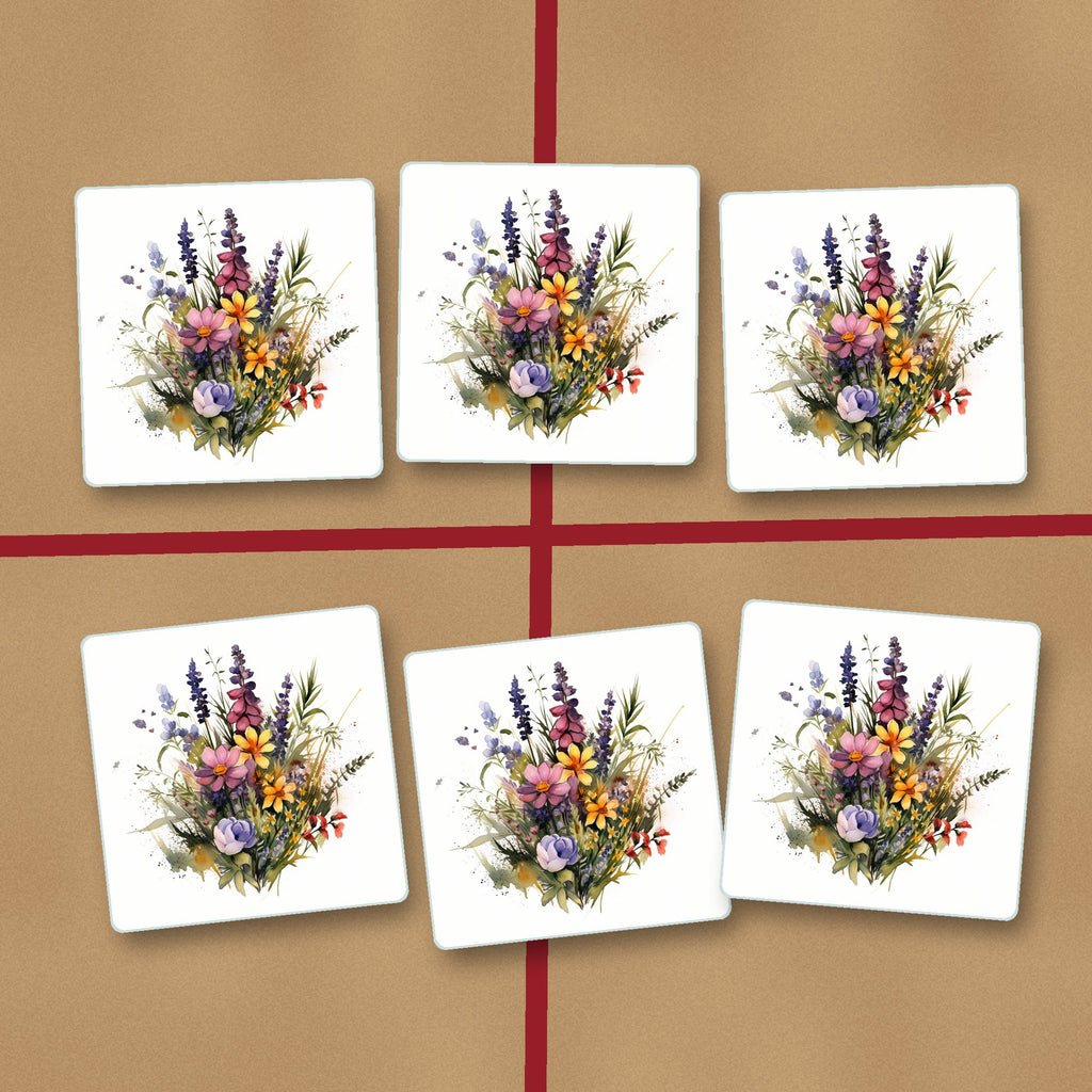 Pink & Purple Watercolour Wildflowers square glass coasters on kraft gift wrap