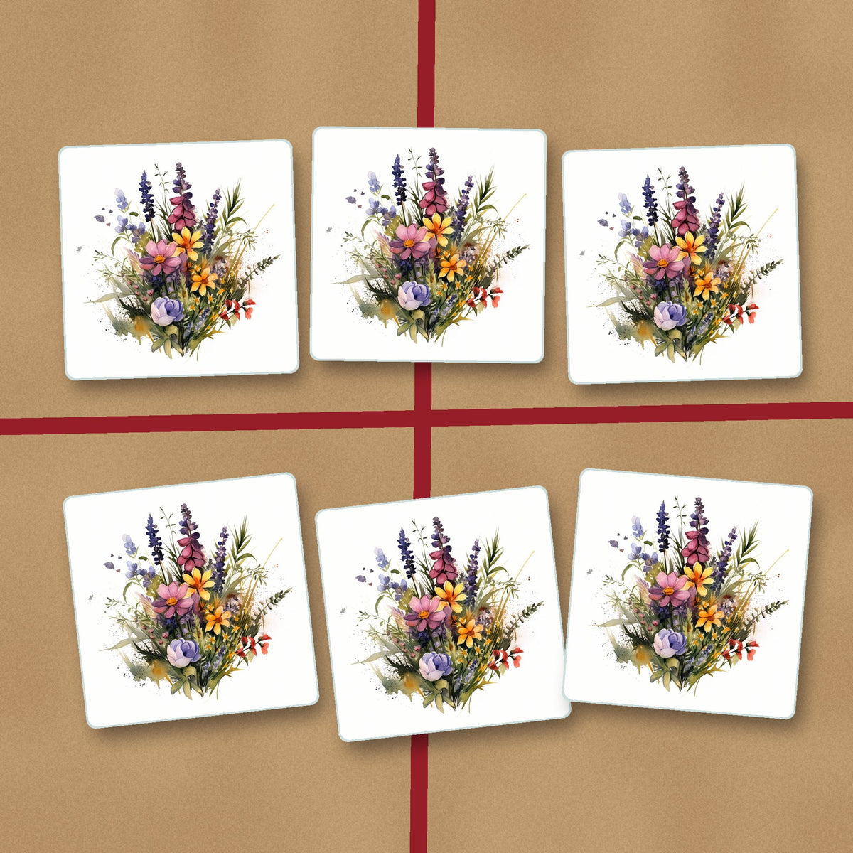 Pink & Purple Watercolour Wildflowers square glass coasters on kraft gift wrap