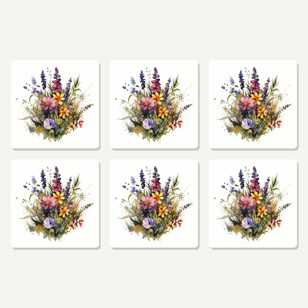 Flat lay of the pink & purple watercolour wildflowers artwork on six square coasters