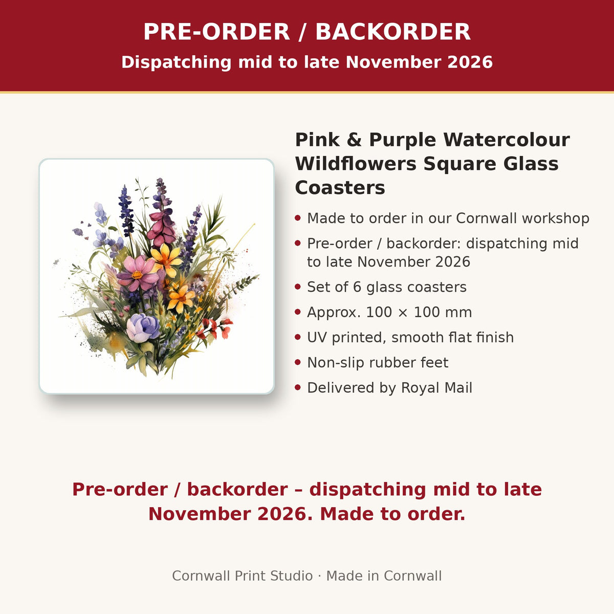 Info card: Pink & Purple Watercolour Wildflowers Square Glass Coasters – Set of 6, made to order, dispatching mid to late November 2026, delivered by Royal Mail
