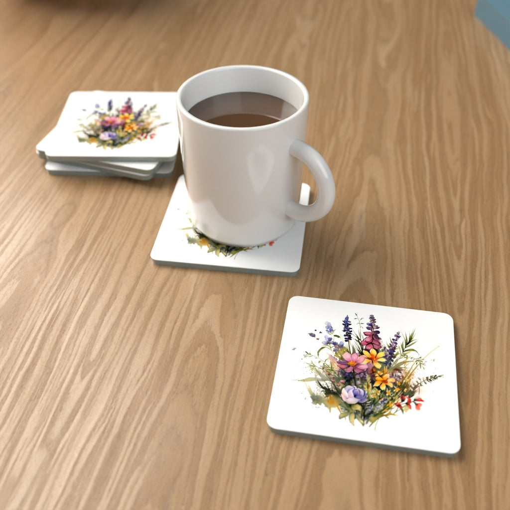 Pink & Purple Watercolour Wildflowers Square Glass Coasters – Set of 6 – lifestyle mockup with a mug of coffee