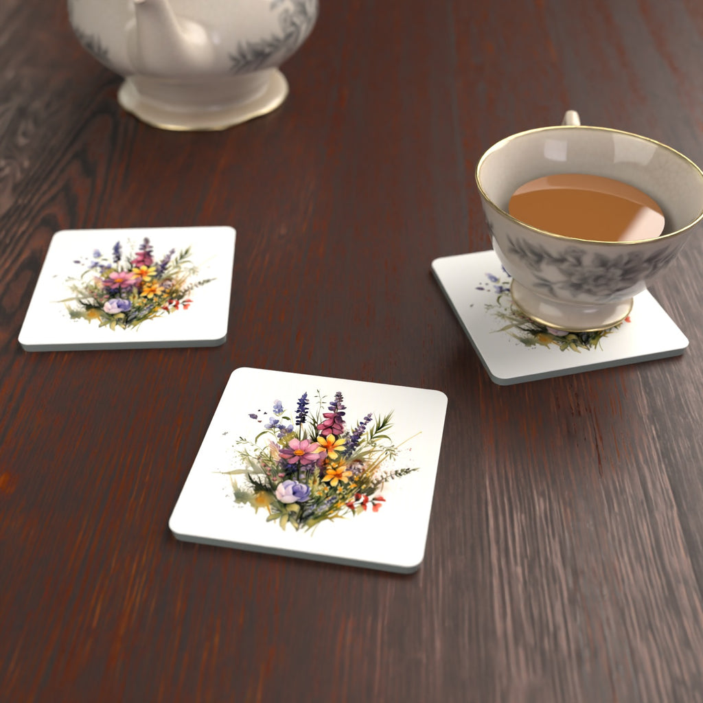 Pink & Purple Watercolour Wildflowers Square Glass Coasters – Set of 6 – lifestyle mockup with a teacup