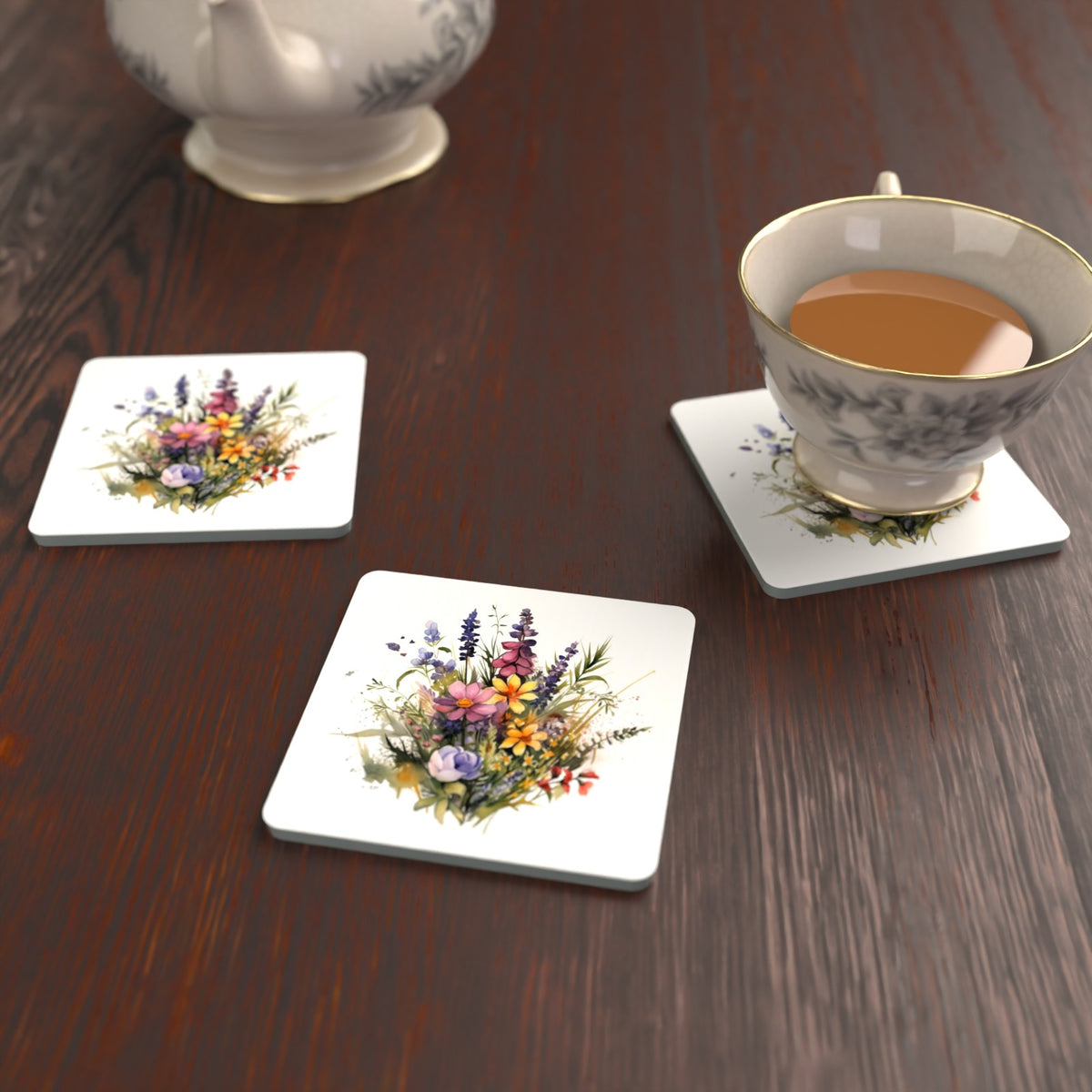 Pink & Purple Watercolour Wildflowers Square Glass Coasters – Set of 6 – lifestyle mockup with a teacup