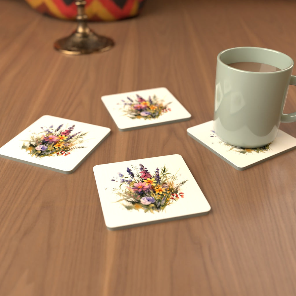 Pink & Purple Watercolour Wildflowers Square Glass Coasters – Set of 6 – cosy lifestyle mockup