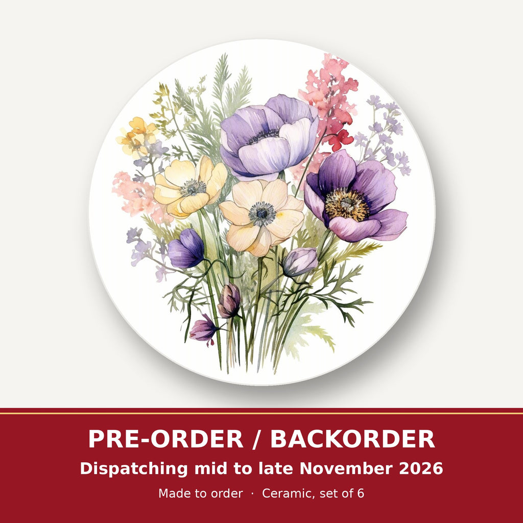 Lilac & Cream Anemone Bouquet round ceramic coaster set of 6 – pre-order / backorder, dispatching mid to late November 2026