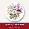 Lilac & Cream Anemone Bouquet round ceramic coaster set of 6 – pre-order / backorder, dispatching mid to late November 2026
