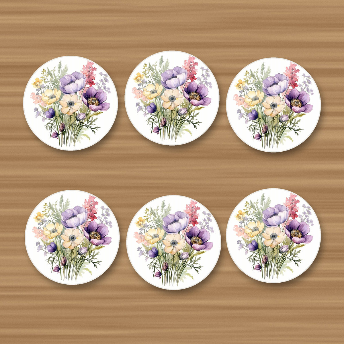 Lilac & Cream Anemone Bouquet round ceramic coasters, set of 6, on an oak coffee table