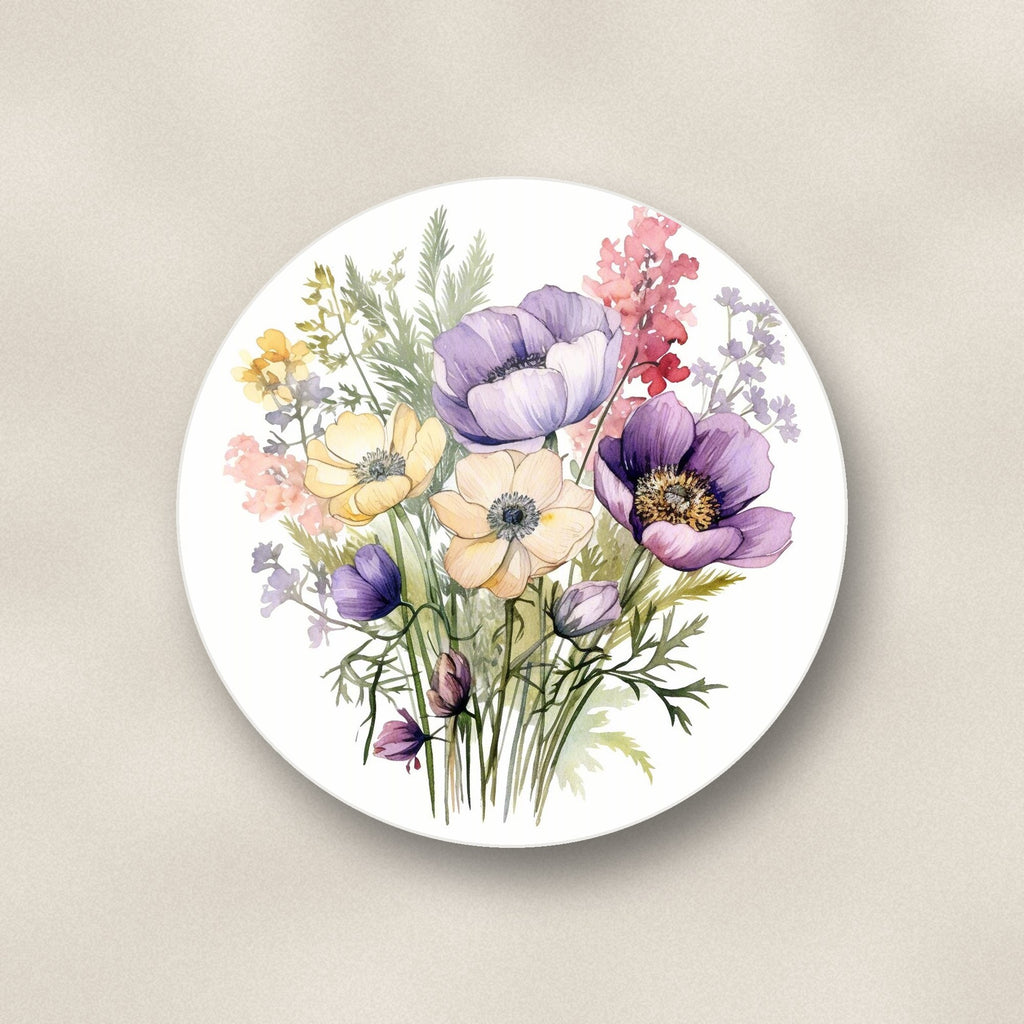 Close-up of one lilac & cream anemone bouquet round ceramic coaster, flat UV print