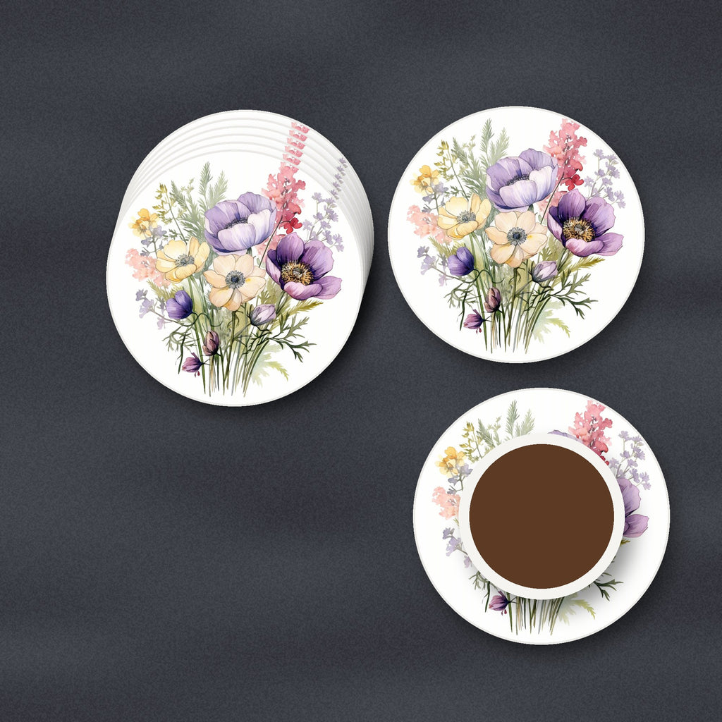 Lilac & Cream Anemone Bouquet round ceramic coasters stacked on a slate kitchen worktop